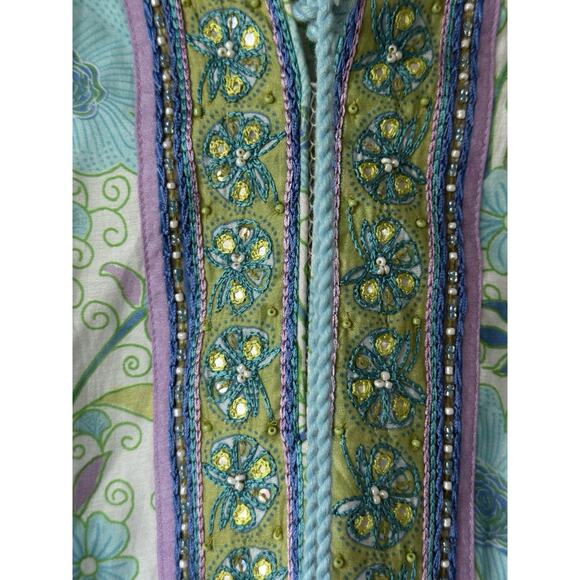 Bella Tu Modest Beaded V-Neck Shift Dress Size S Floral Print Turquoise Tassel - Picture 4 of 9